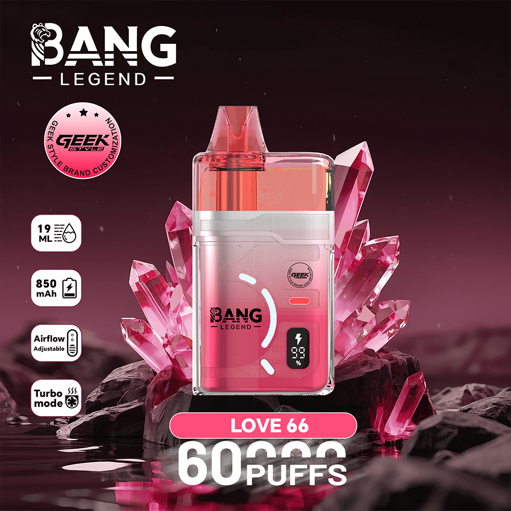 Pink Bang Legend Love 66 vape pod, 60 puffs, 19 ml, 850 mAh, adjustable airflow and turbo mode.