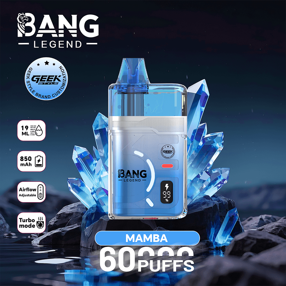 Blue Bang Legend Mamba vape device surrounded by blue crystal shards, labeled 60 puffs.