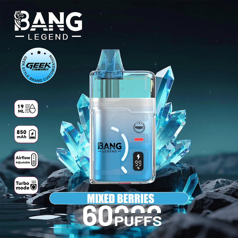 Blue Bang Legend disposable vape shown with crystal background, flavor Mixed Berries, 60 puffs, 850 mAh, adjustable airflow.