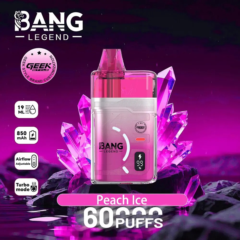 Pink Bang Legend Peach Ice disposable vape on a purple crystal backdrop, showing 60 puffs, 19 ml e-liquid and 850 mAh.