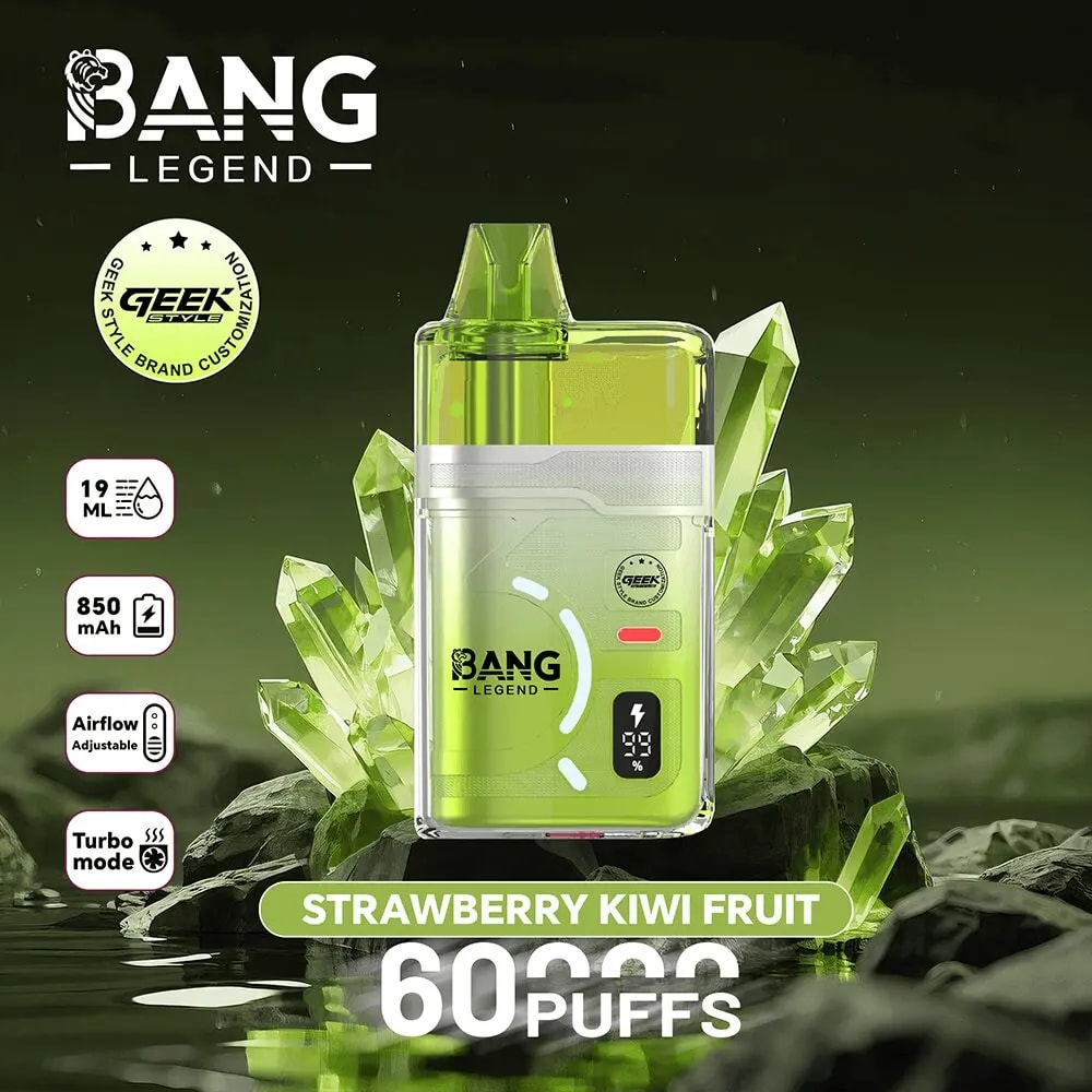 Green Bang Legend strawberry kiwi fruit vape pod with 850 mAh battery, adjustable airflow, and 60 puffs.