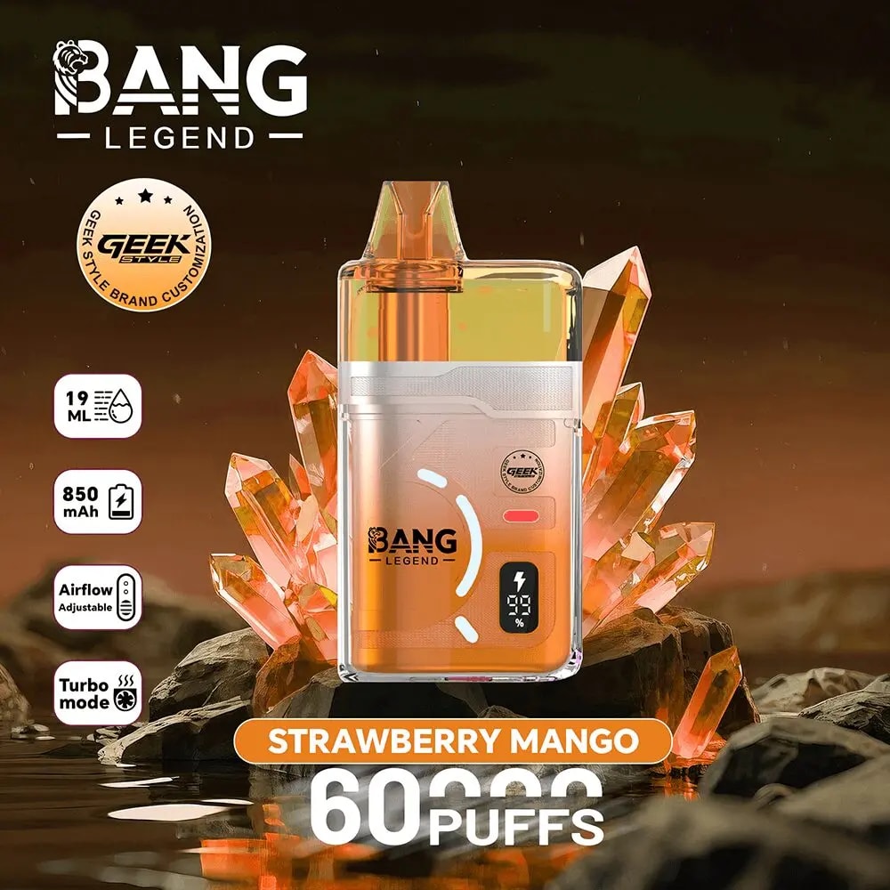 Bang Legend strawberry mango disposable vape with orange liquid, set among crystals, displaying 60 puffs.