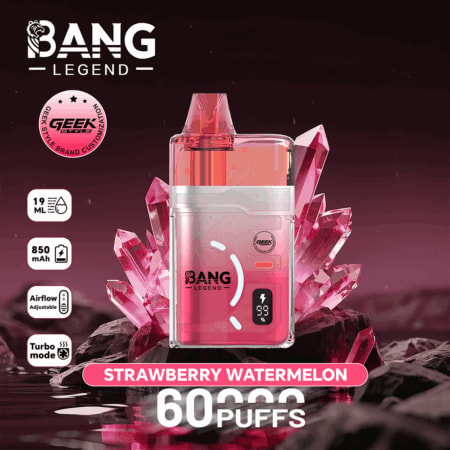 Pink Bang Legend jordgubbsvattenmelon engångsvape med kristallbakgrund, 60 puffar, 850 mAh, justerbart luftflöde.