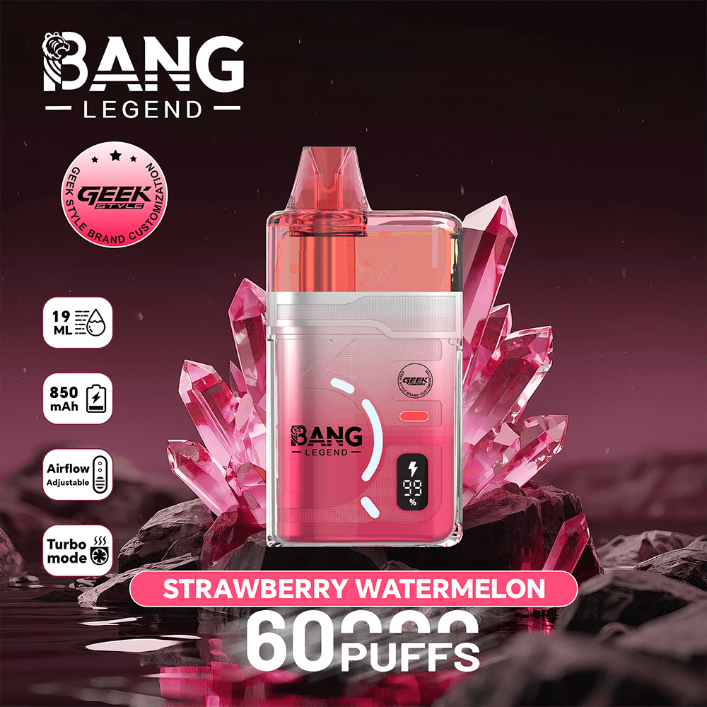 Pink Bang Legend strawberry watermelon disposable vape with crystal backdrop, 60 puffs, 850 mAh, adjustable airflow.