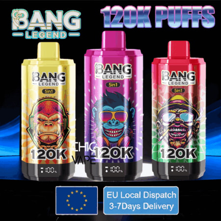 Tre Bang Legend 120K Puffs vapeflaskor i gult, rosa och rödgrönt, mittflaskan visar en blå apa som bär solglasögon; 5-i-1-etikett och EU-sändningsmärke i botten.