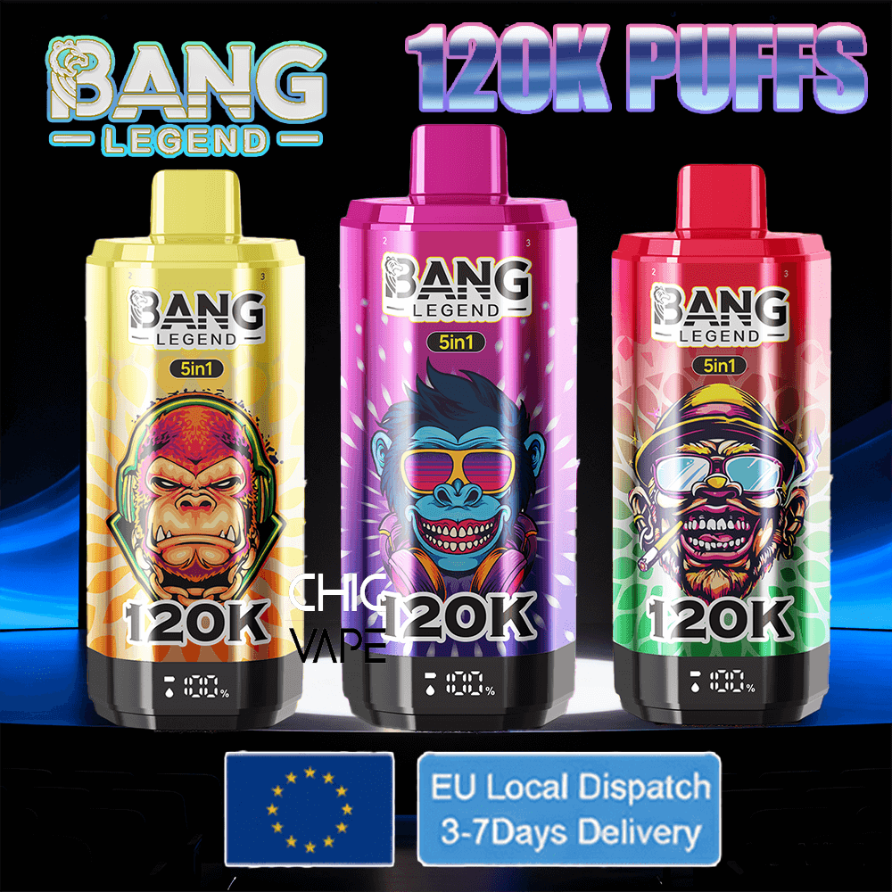 Three Bang Legend 120K Puffs vape bottles in yellow, pink, and red-green, center bottle shows a blue monkey wearing sunglasses; 5in1 label and EU dispatch badge at bottom.