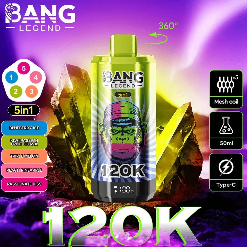 Bang Legend 5in1 vape bottle labeled 120K, with colorful wheel and icons for mesh coil, 50ml, Type-C amid purple crystals.