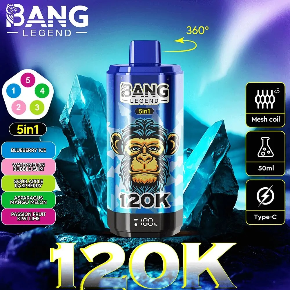 Bang Legend 120K 50ml vape bottle with a monkey graphic, 5-in-1 flavors list, icy blue background, plus mesh coil and Type-C icons