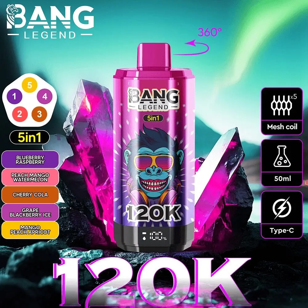 Purple Bang Legend 5in1 vape bottle labeled 120K, with flavor options and icons for mesh coil, 50ml and Type-C.
