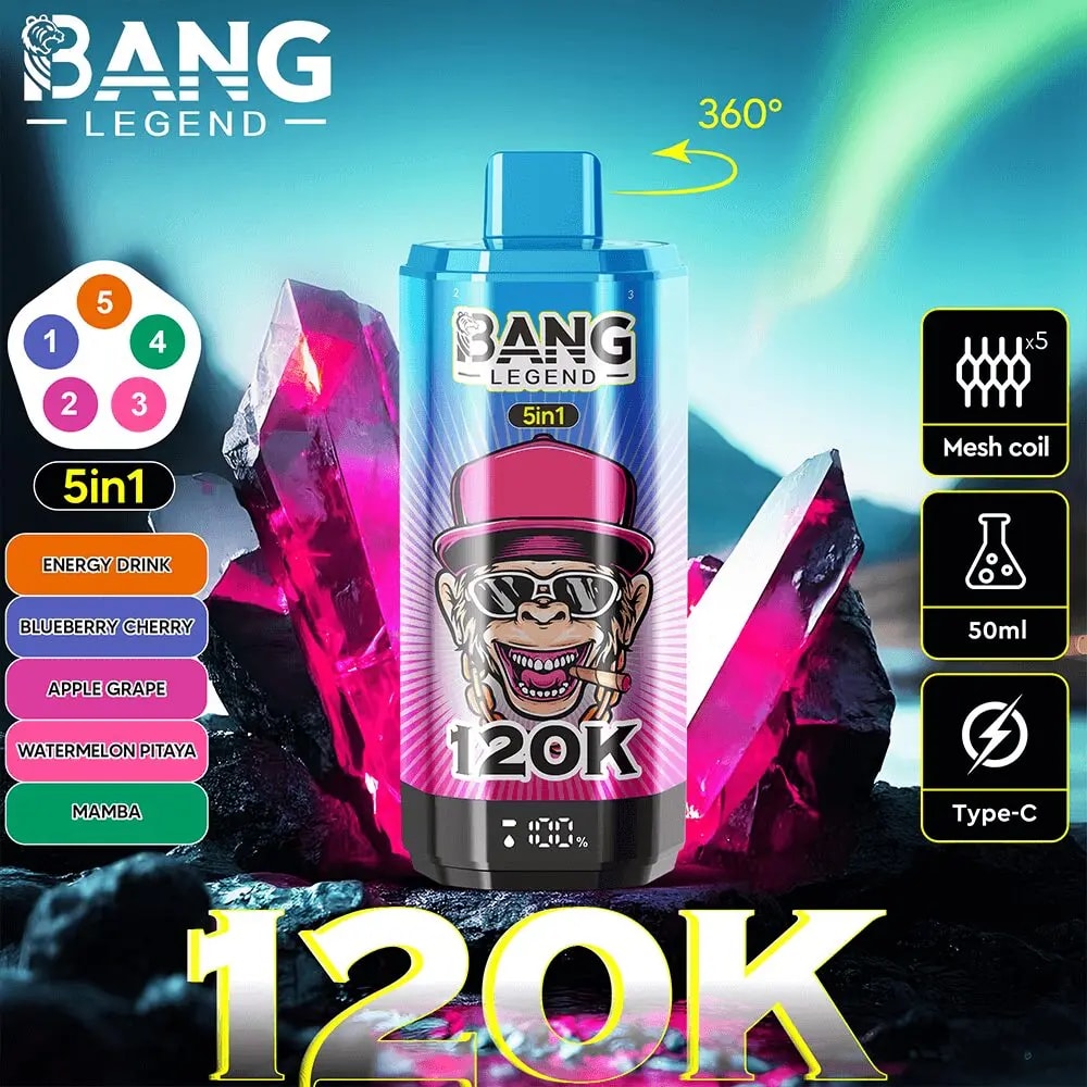 Bang Legend 5in1 energy drink bottle in a blue pink gradient with 360 swirl, large 120K text, set among crystals and aurora.