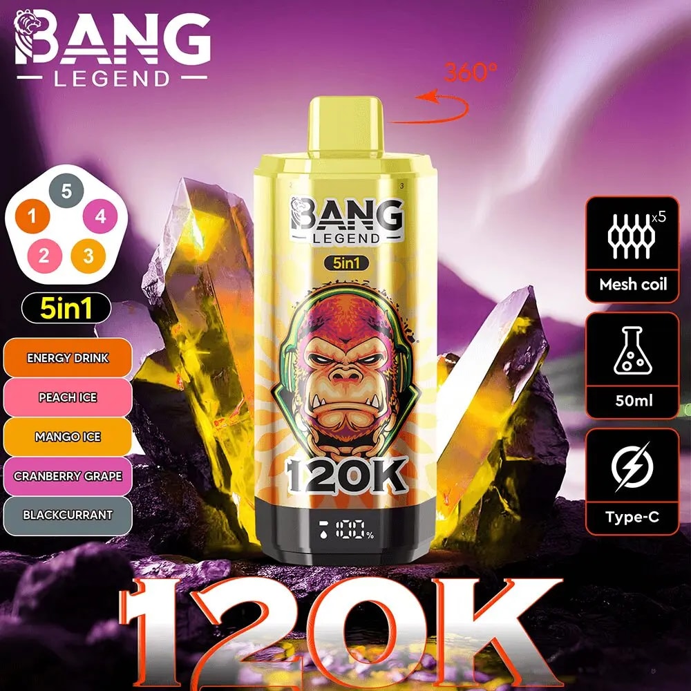 Bang Legend 5in1 energy drink bottle with 120K label, purple crystal background, and flavor icons on the left.
