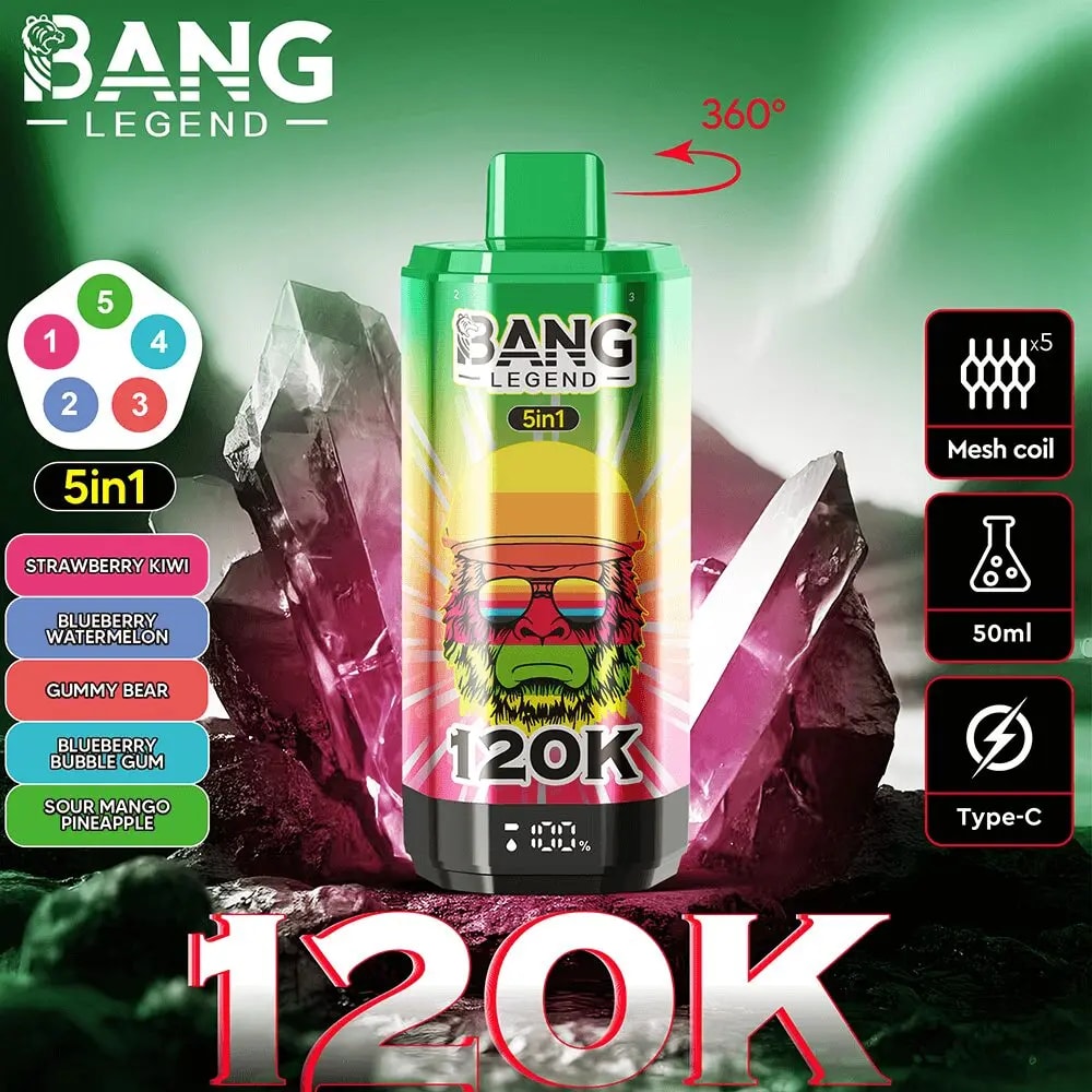 Green Bang Legend 5in1 vape bottle, 50ml, mesh coil, Type-C, 120K label, flavors like Strawberry Kiwi.