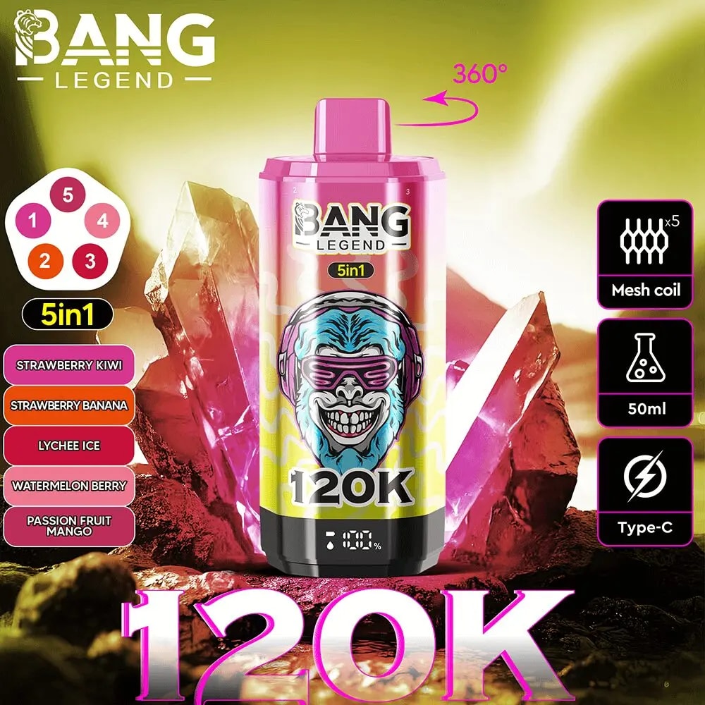 Pink Bang Legend 5in1 bottle labeled 120K with flavor options and icons for mesh coil, 50ml, Type-C.