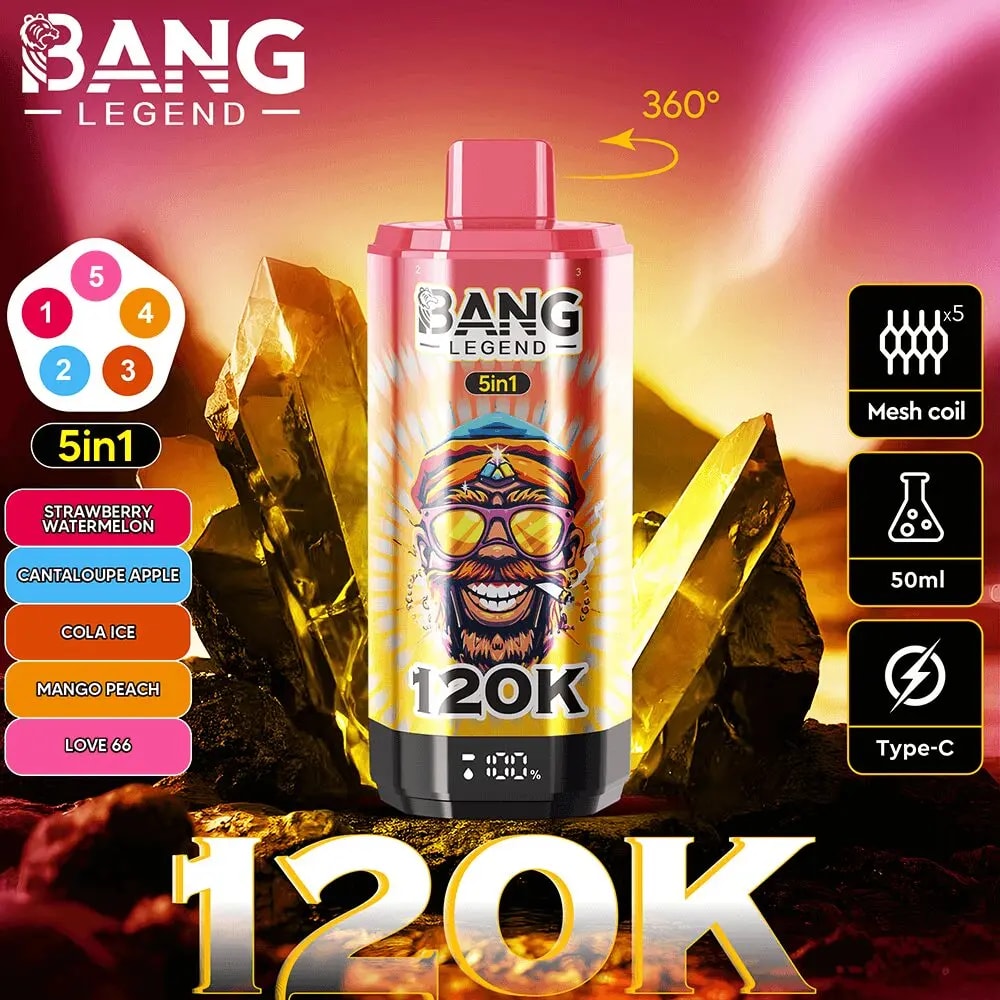 Bang Legend 5in1 disposable vape in pink at center, flavor list on left, mesh coil and Type-C icons on right, 120K at bottom.
