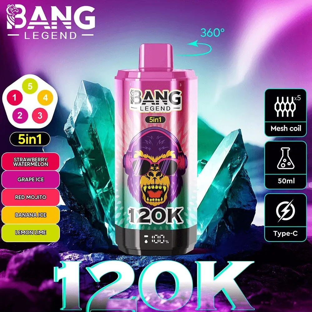 Bang Legend 5in1 energy drink can in pink on an icy backdrop with a 120K label; flavor swatches left and 50ml/Type-C icons right.
