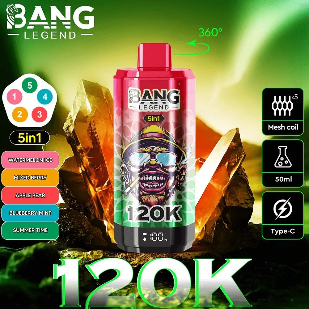 Centered pink Bang Legend 5-in-1 vape bottle with 120K label; features mesh coil, 50ml capacity, and Type-C.