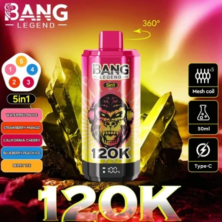 Pink Bang Legend 5-i-1 vapeflaska med en apa-logotyp, kristallbakgrund, vänster smaklista, höger tekniska ikoner, 120K i botten.