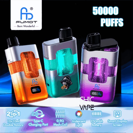 Three colorful FUMOT Chic Vape devices with translucent pods on a dark blue background; logo and 50000 Puffs top-right.