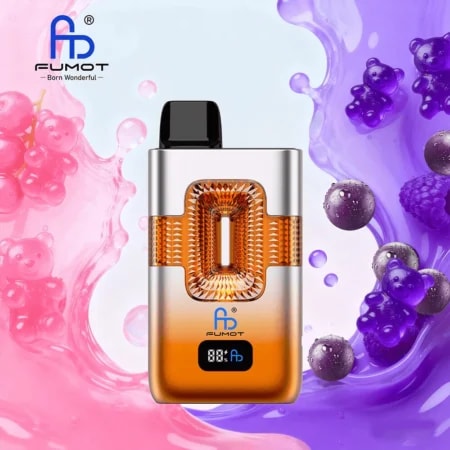 FUMOT bottle with silver body, orange lattice centerpiece, black cap, orange liquid, set against pink and purple backdrop.