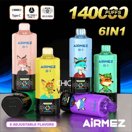 Bottiglie per vaporizzatore usa e getta Airmez 6 in 1 in rosa, giallo, blu, verde e viola con illustrazioni di volpi, con 1400 sbuffi e 6 gusti.