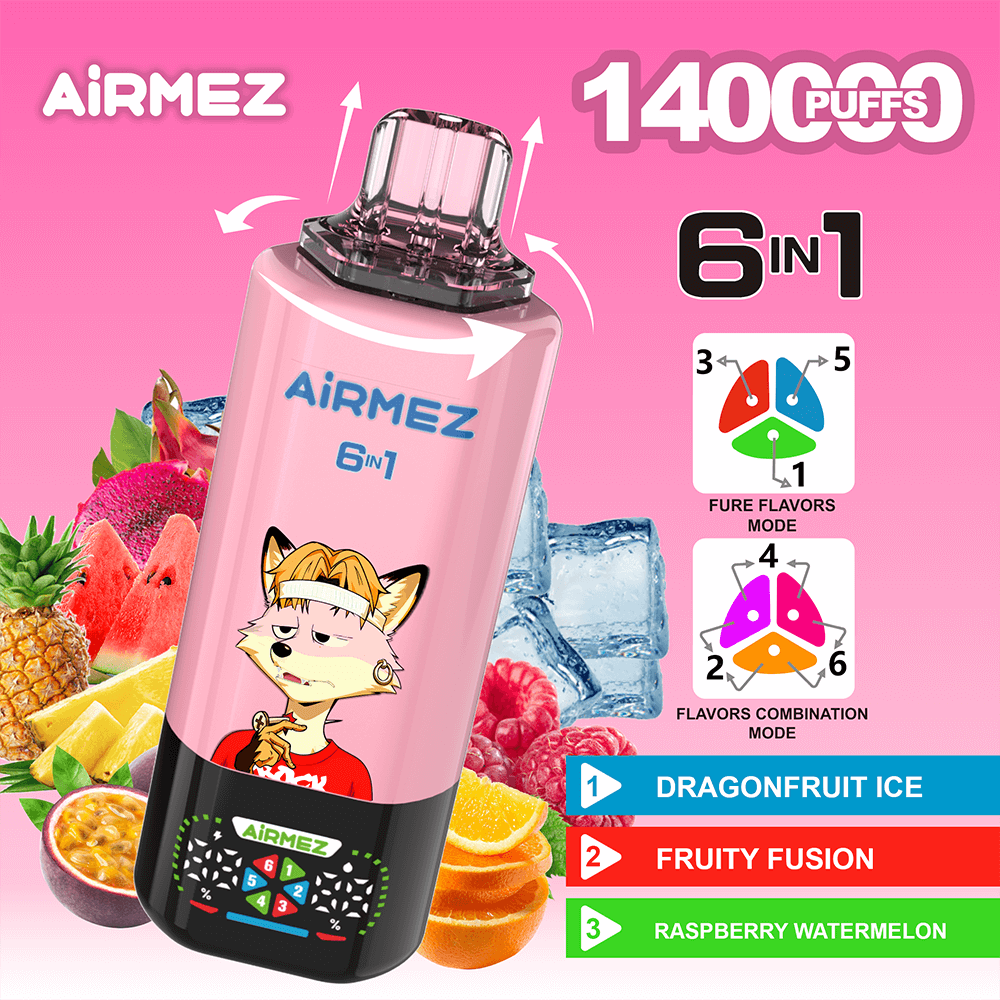 Pink AIRMEZ 6-in-1 disposable vape with a cartoon fox, 1400 puffs, Dragonfruit Ice, Fruity Fusion, Raspberry Watermelon.