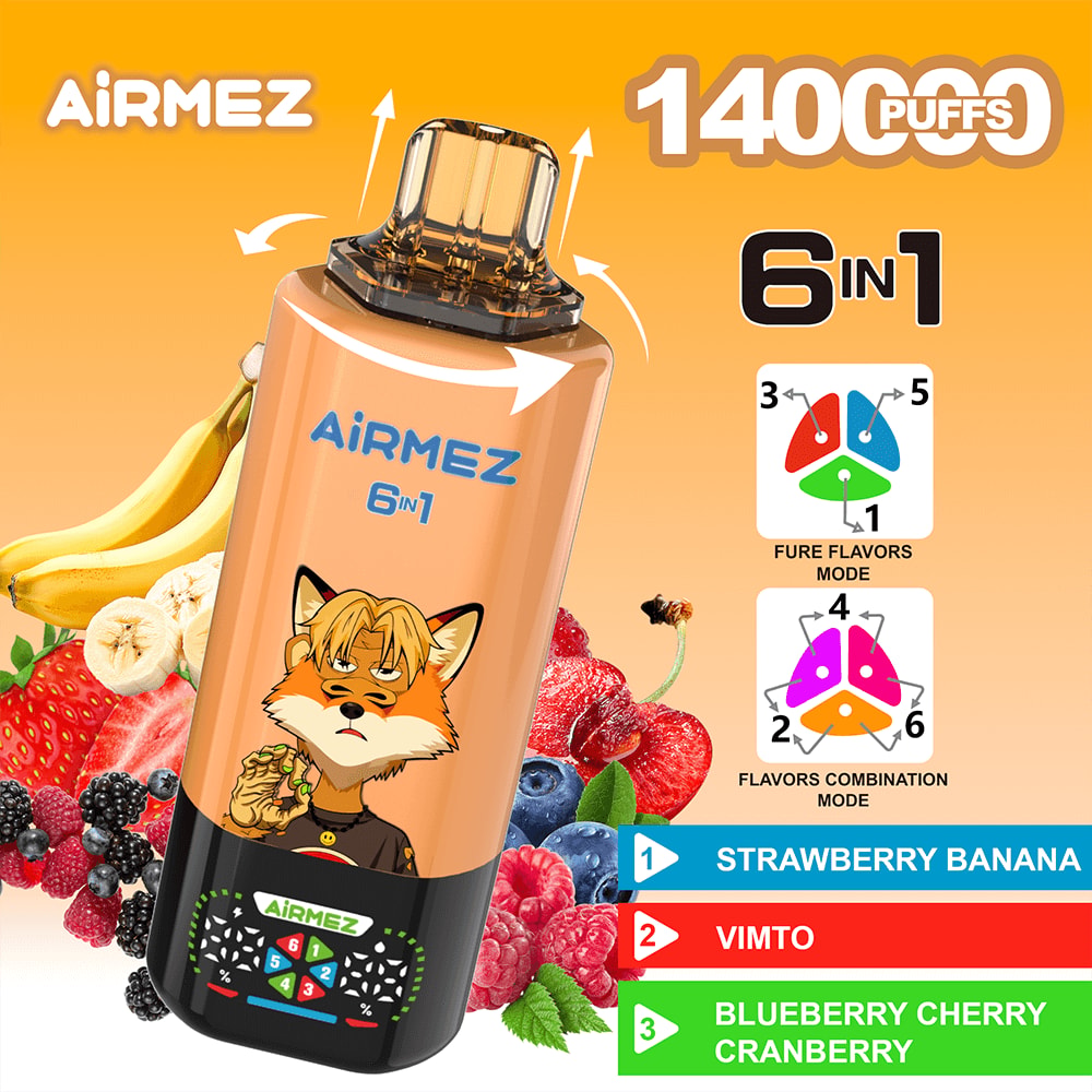 Orange Airmez 6 in 1 disposable vape with a fox illustration on the bottle, surrounded by berries and bananas.