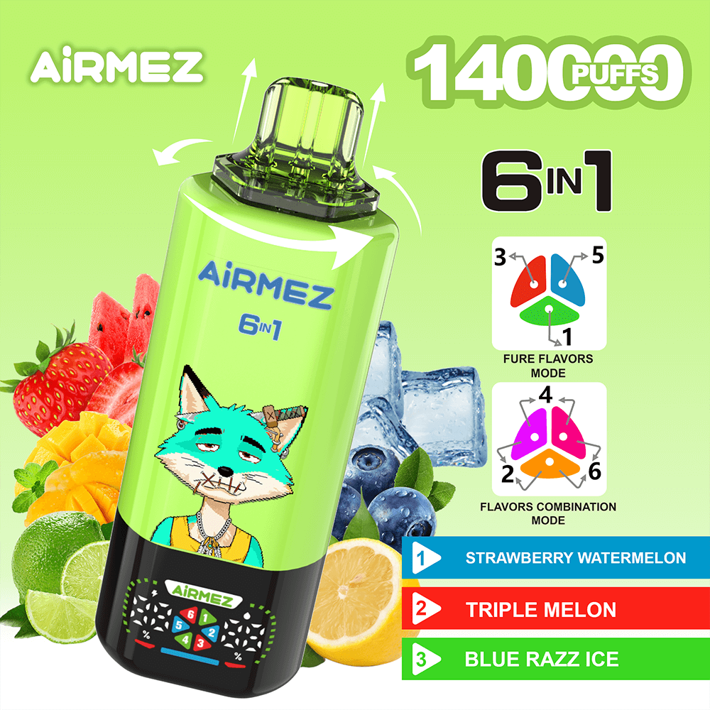 Airmez 6-in-1 vape in green with a cartoon fox; 1400 puffs and flavors Strawberry Watermelon, Triple Melon, Blue Razz Ice.