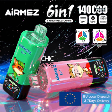 Penne per vaporizzatori usa e getta Airmez 6in1 verdi e rosa con grafica animale, che offrono 1400 sbuffi e 6 gusti regolabili.