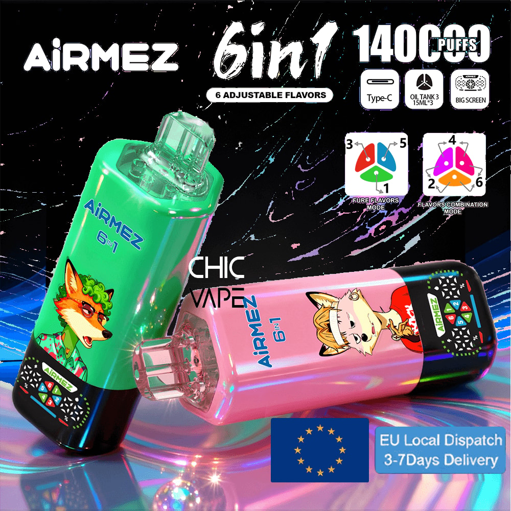 Green and pink Airmez 6in1 disposable vape pens with animal graphics, offering 1400 puffs and 6 adjustable flavors.
