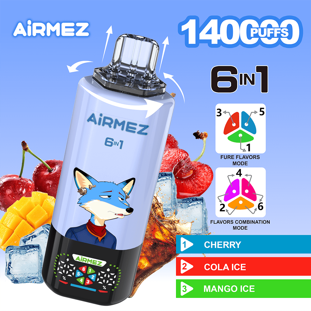 Airmez 6-in-1 blue disposable vape with a fox illustration, surrounded by cherries and ice, 1400 puffs; flavors Cherry, Cola Ice, Mango Ice.