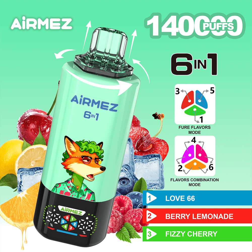 Mint-green Airmez 6-in-1 vape with a fox mascot, surrounded by citrus and berries, advertising 1400 puffs and flavor modes.