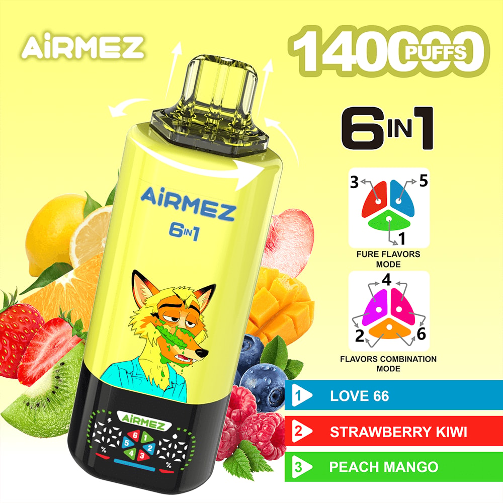 Yellow Airmez 6-in-1 device featuring a cartoon fox, set against a fruit-filled background, highlighting 14,000 puffs and flavor mode options.