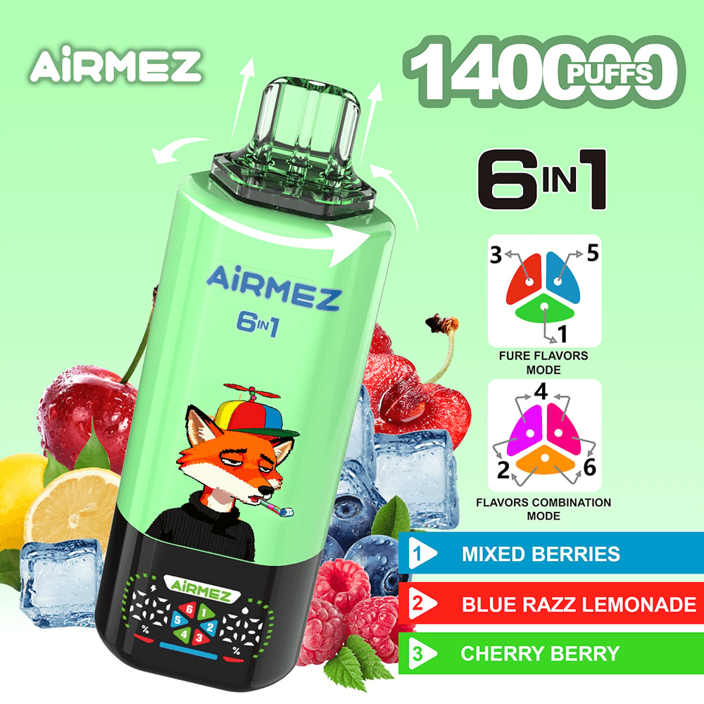 Green Airmez 6in1 vape with fox mascot, 1400 puffs, berries and ice; flavors Mixed Berries, Blue Razz Lemonade, Cherry Berry