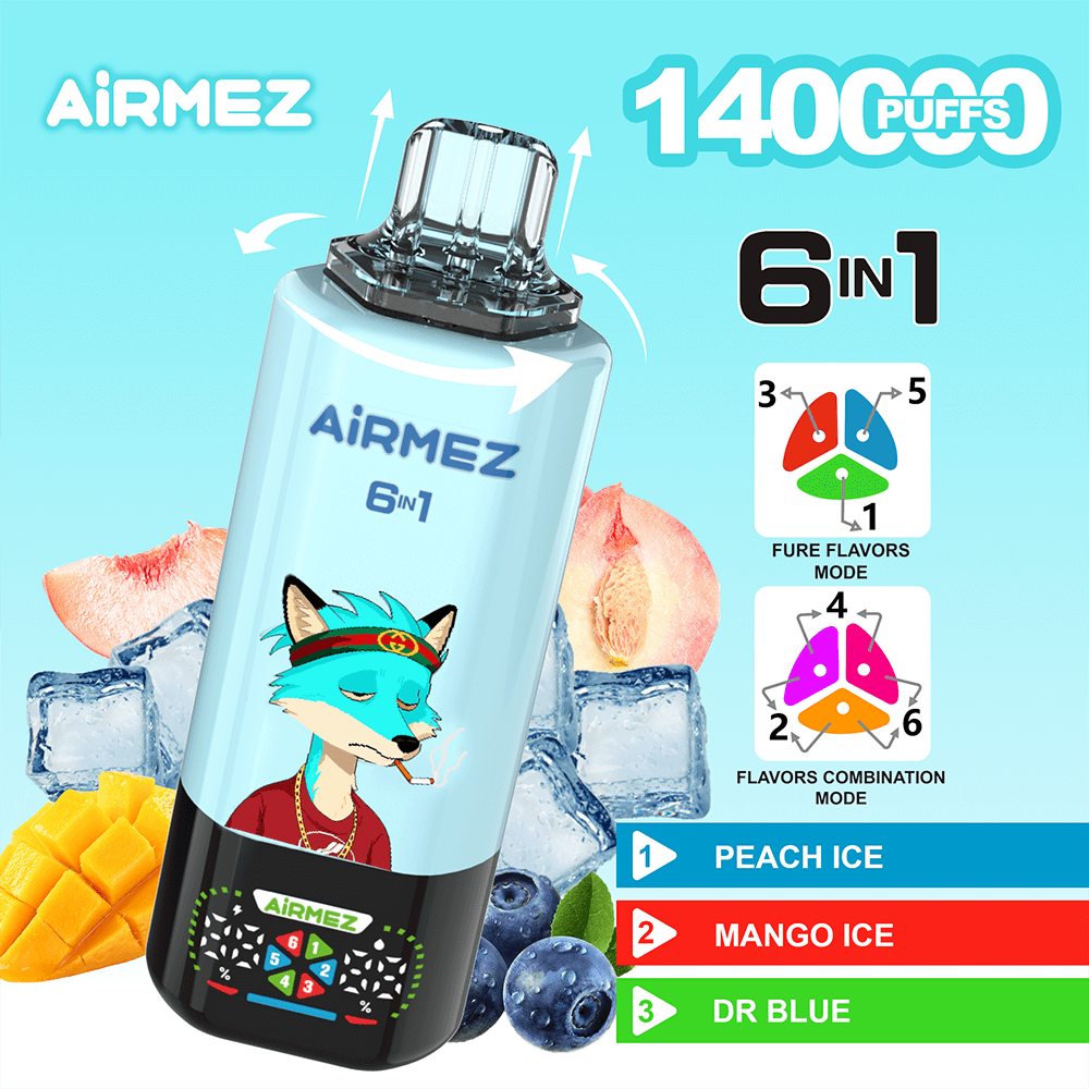 Airmez 6in1 disposable vape with turquoise bottle and cartoon blue fox, 1400 puffs, flavors Peach Ice, Mango Ice, Dr Blue.