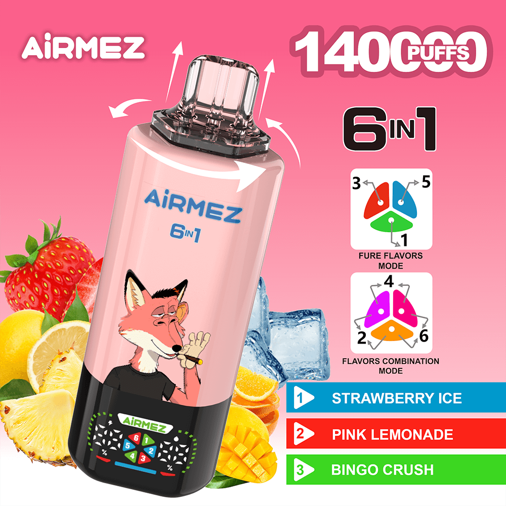 Pink Airmez 6-in-1 disposable vape with a fox graphic, 1400 puffs, and flavors Strawberry Ice, Pink Lemonade, Bingo Crush.