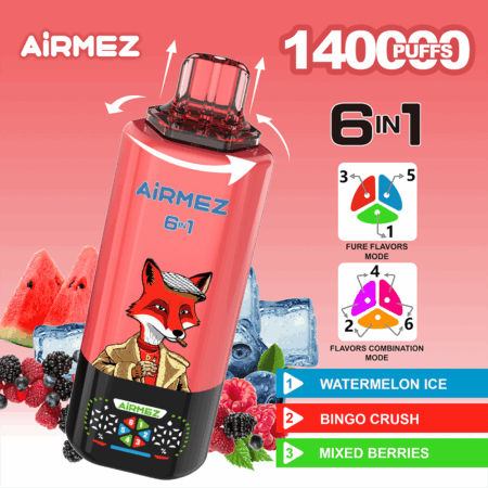 Pink Airmez vaporizzatore usa e getta 6 in 1 con volpe, bacche e ghiaccio, pubblicità 1400 sbuffi e gusti Watermelon Ice, Bingo Crush, Mixed Berries.