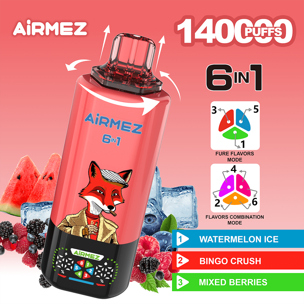 Pink Airmez 6-in-1 disposable vape with a fox, berries and ice, advertising 1400 puffs and flavors Watermelon Ice, Bingo Crush, Mixed Berries.
