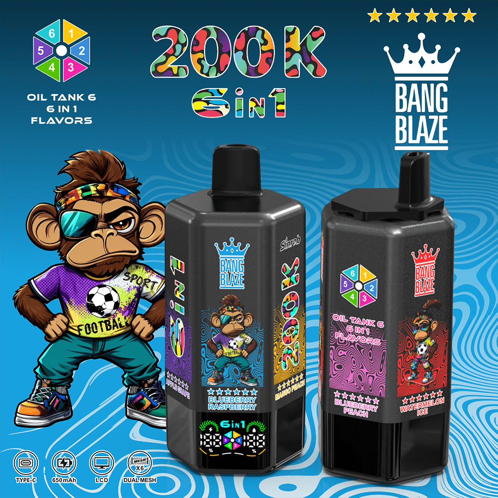 Two Bang Blaze vape bottles labeled 200K Gin beside a cartoon monkey in a soccer outfit on a blue wavy backdrop.