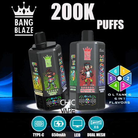 Dos dispositivos de vapeo Bang Blaze negros con etiquetas coloridas, anunciados como 200.000 inhalaciones y sabores 6 en 1.