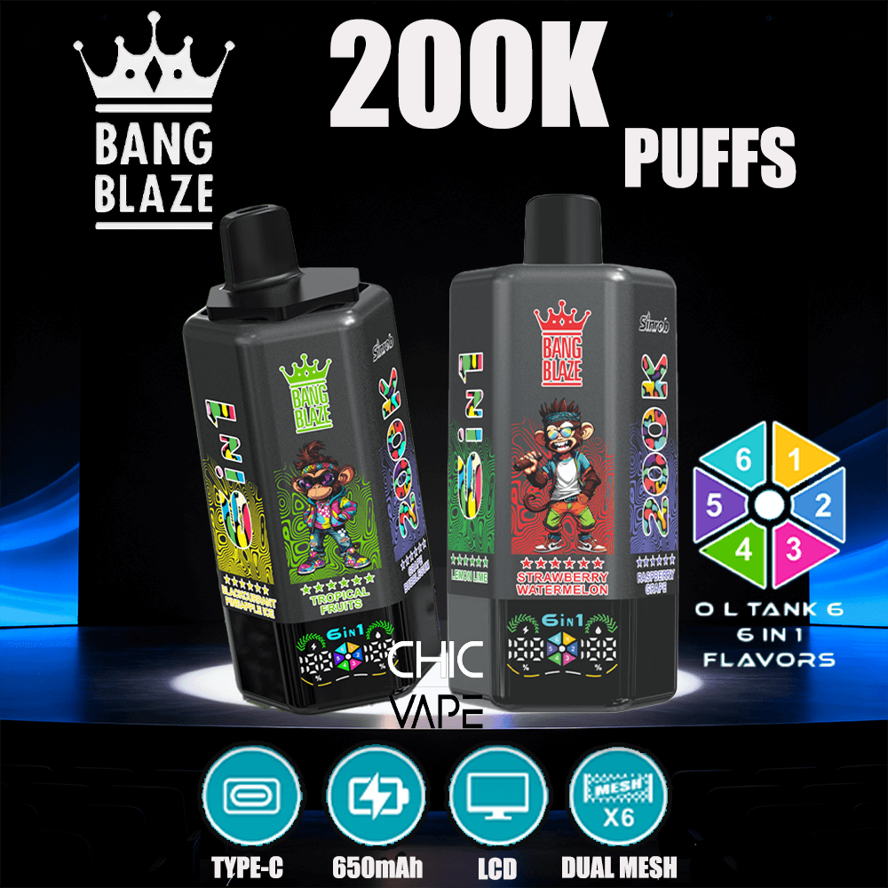 Two black Bang Blaze vape devices with colorful labels, advertised as 200K puffs and 6-in-1 flavors.