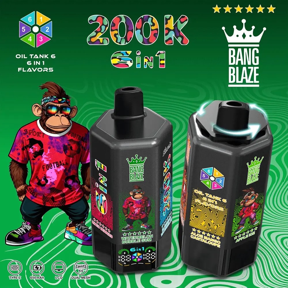 Two black Bang Blaze vape oil bottles with colorful labels sit on a green swirl background beside a cartoon monkey mascot.