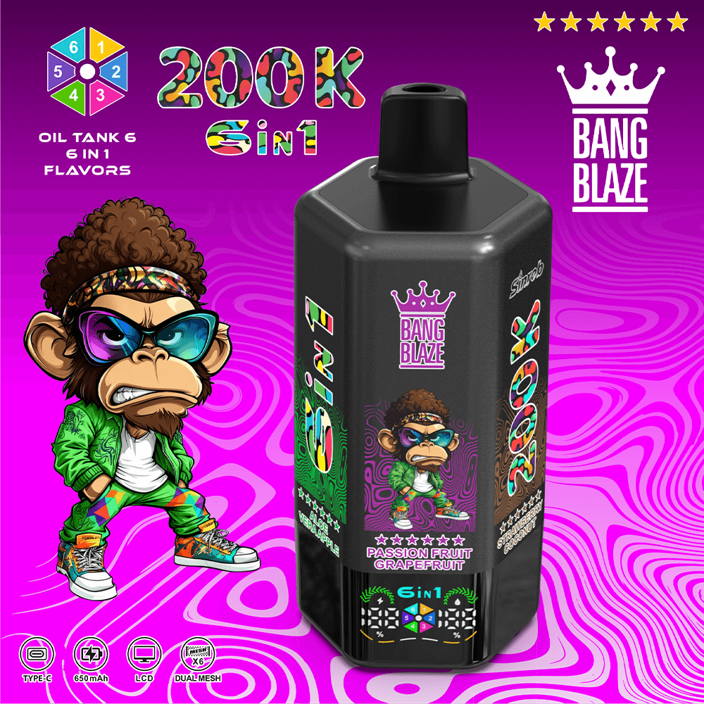 Vibrant purple-pink Bang Blaze 200K 6-in-1 vape oil packaging featuring a cartoon monkey, a large black bottle with a crown logo, and a swirling background.