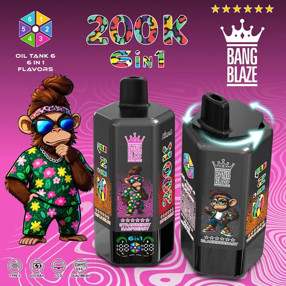 Cartoon monkey in a tropical shirt and sunglasses stands beside two black Bang Blaze vape bottles on a pink swirl background.