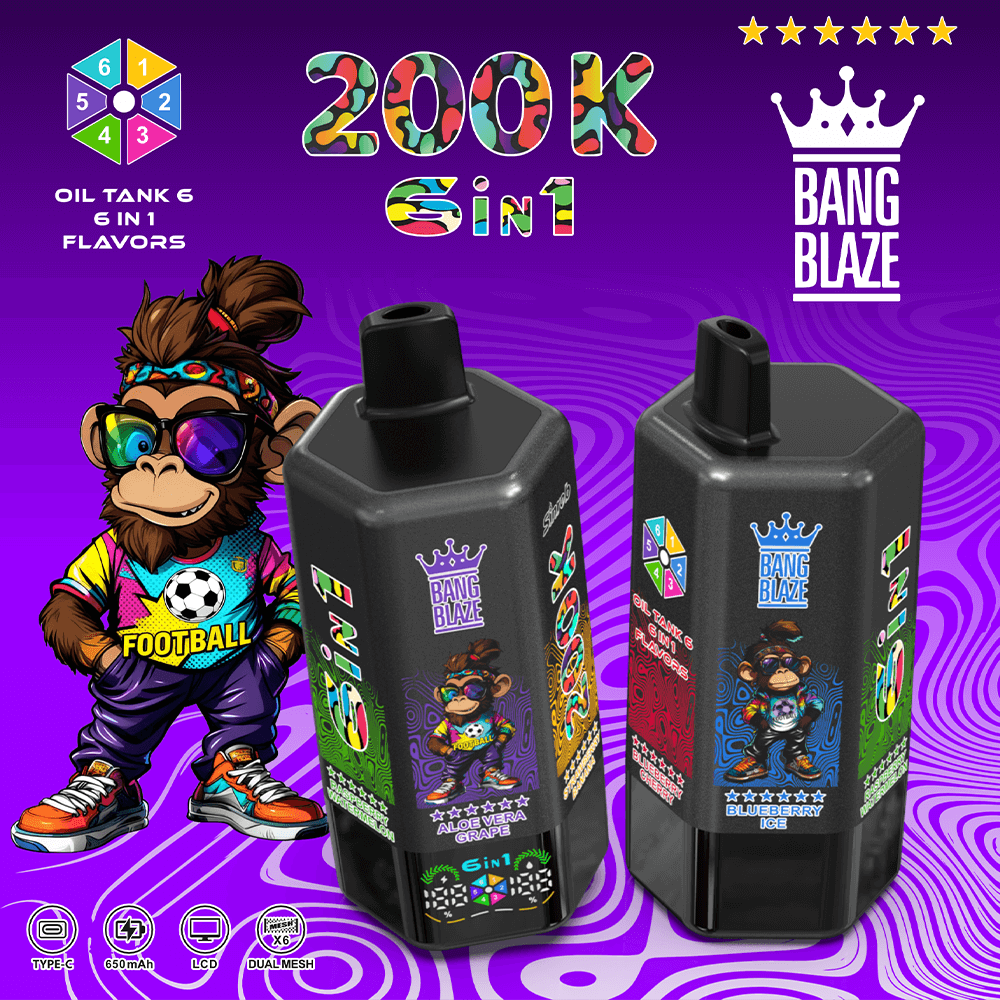 Two black Bang Blaze vape pods with colorful labels and a cartoon monkey mascot, purple background, 200K GIN 6 in 1 flavors.