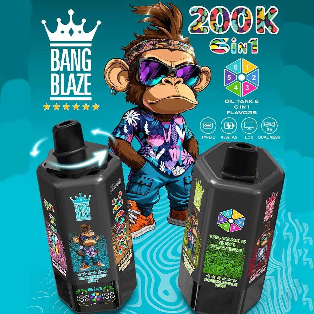 Cartoon monkey with sunglasses and a tropical shirt stands beside two Bang Blaze vape bottles, promoting 200K 6-in-1 flavors.