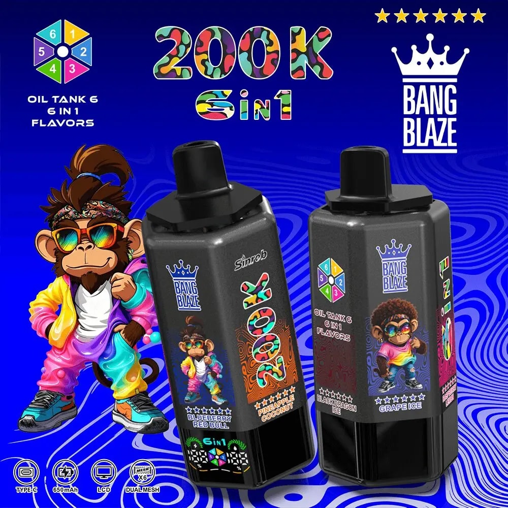 Two black vape pods on a blue swirl background with a rainbow monkey mascot, 200K GIN logo, and Bang Blaze branding.