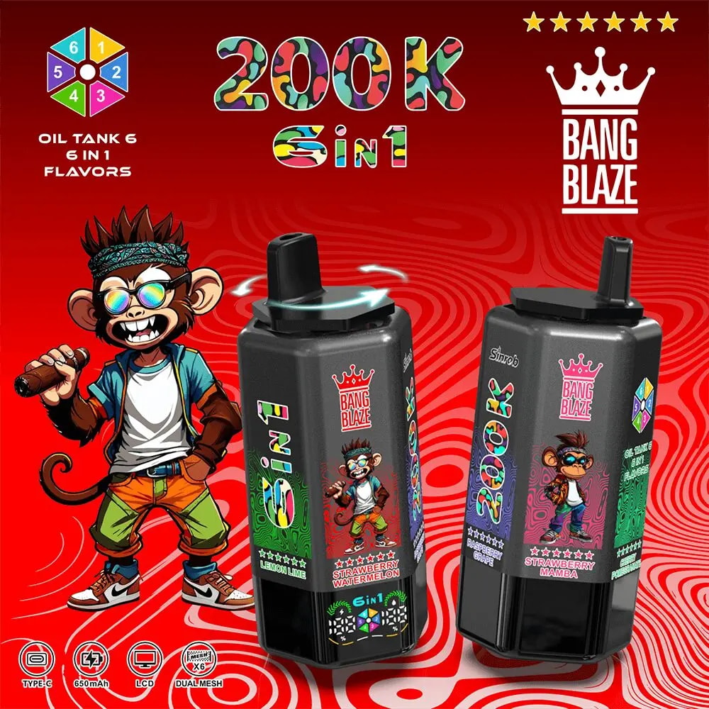 Two black vape bottles with colorful labels and a cartoon monkey mascot on a red background, Bang Blaze 6 in 1 flavors.