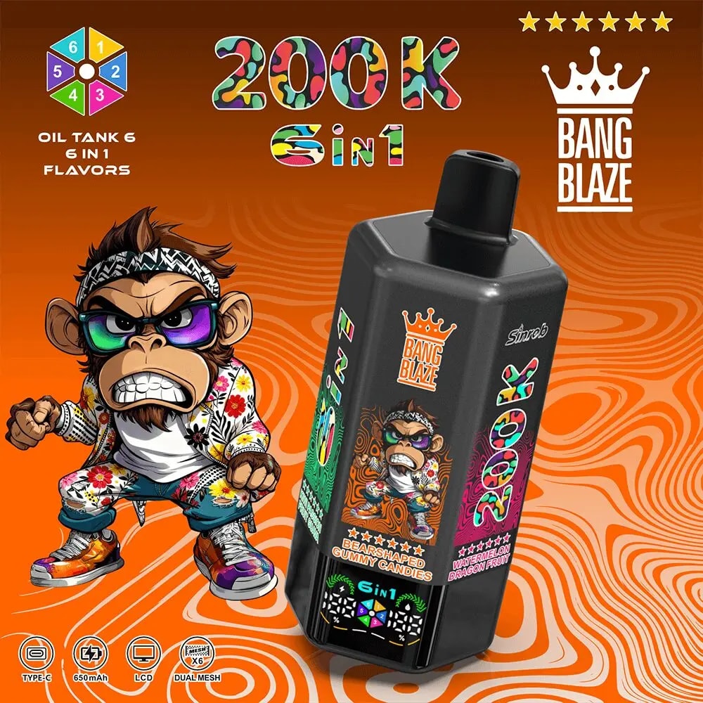 Black vaping bottle titled 200K Sin1 with Bang Blaze label, featuring a cartoon monkey, on an orange swirled background.