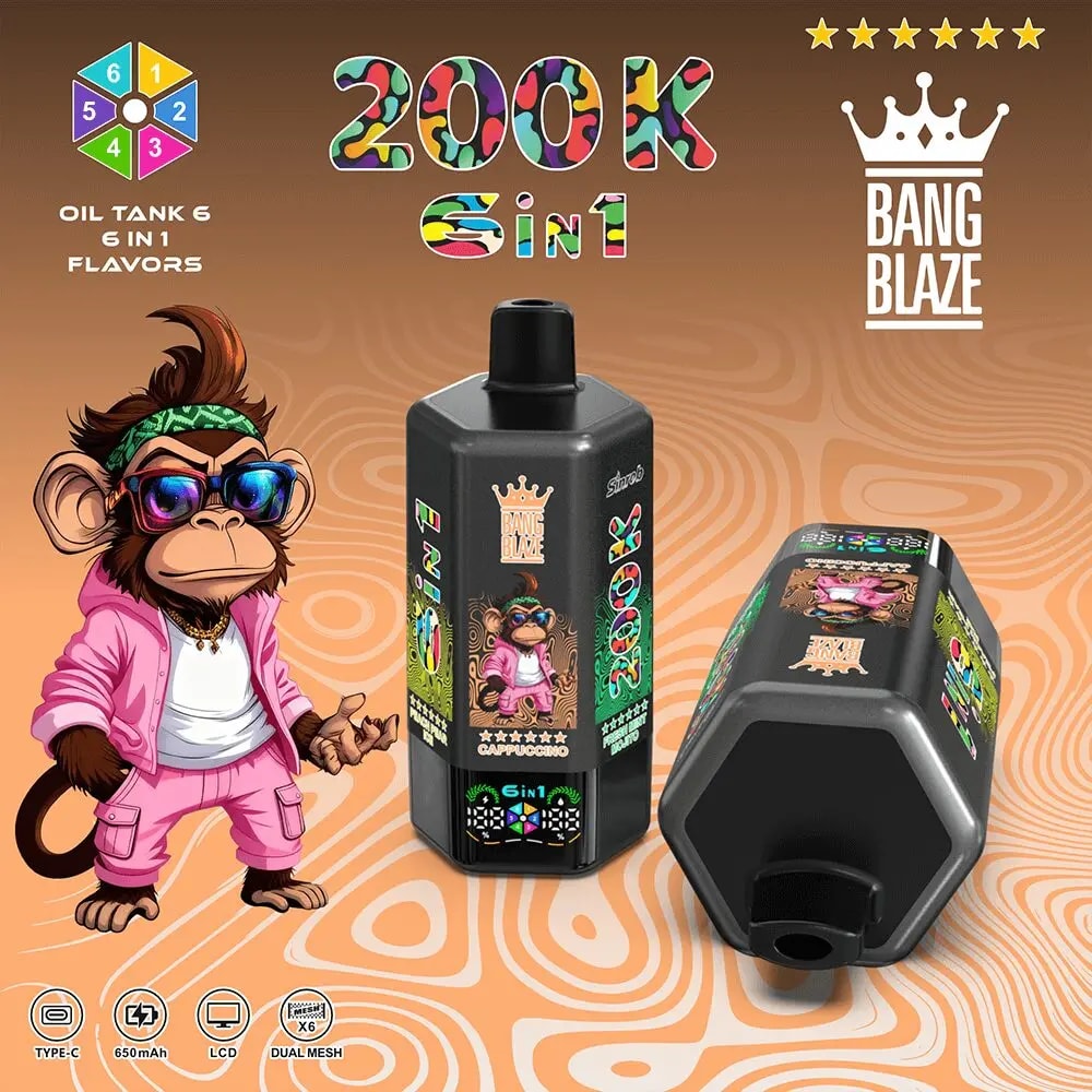 Orange swirl backdrop with a black Bang Blaze 6-in-1 oil tank bottle featuring a cartoon primate mascot; another bottle lies on its side beside a pink-suited ape character.