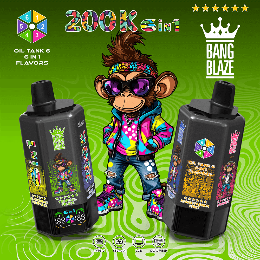 Colorful cartoon monkey wearing sunglasses and neon clothes stands between two black vape tanks labeled Bang Blaze and 6-in-1 flavors.